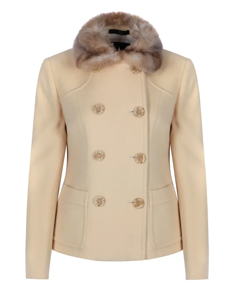 Cream Reefer Style Wool & Cashmere Jacket with Faux Fur Collar by Myles Anthony