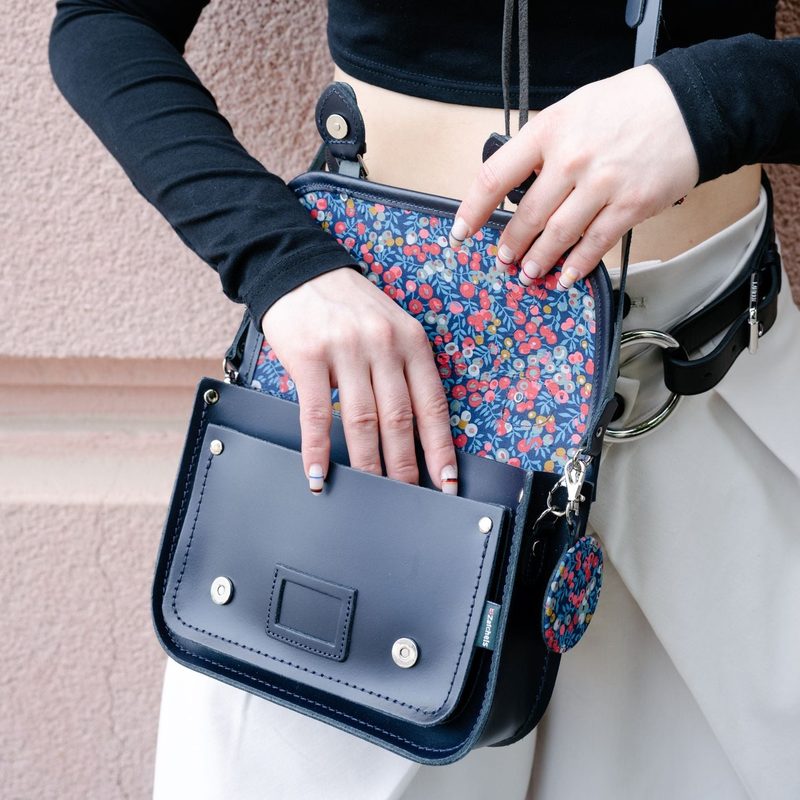 Navy Leather Midi Satchel Lined with Liberty London Floral Fabric by Zatchels
