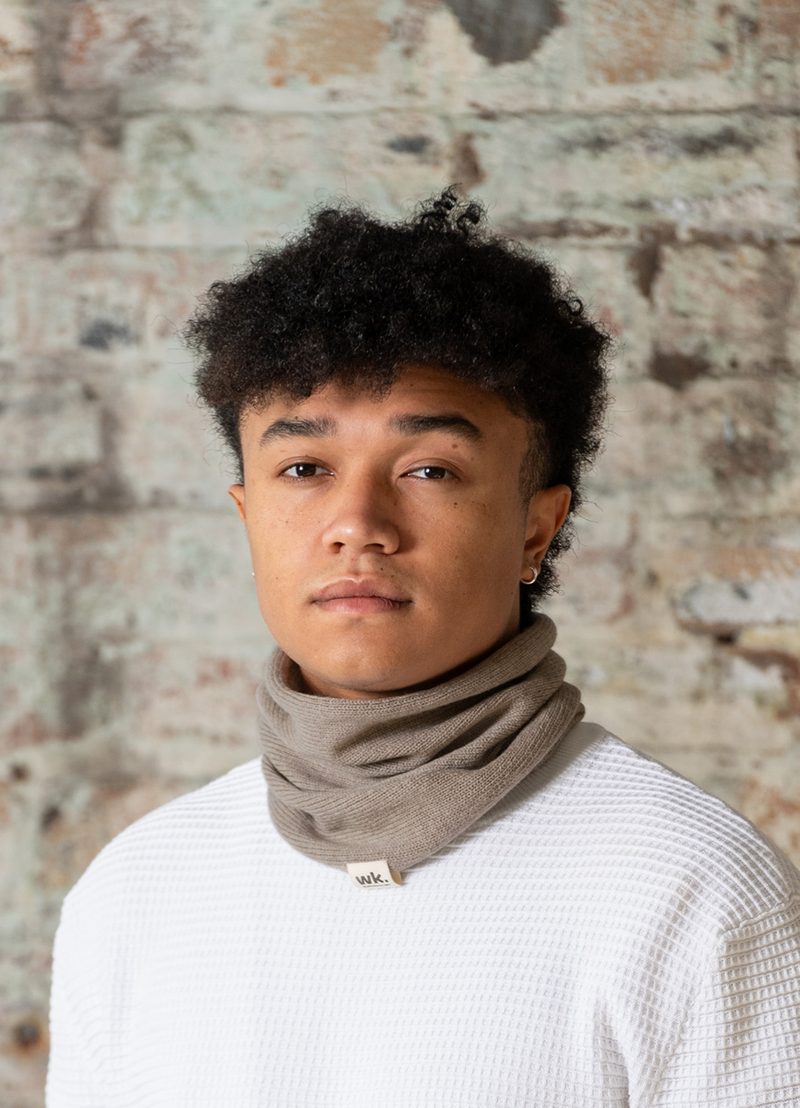 Man Wearing Brown Merino Wool Neck Warmer Woolkind
