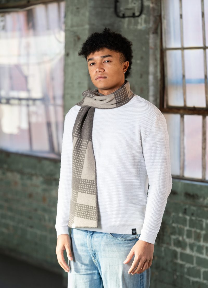 Man Wearing Brown Merino Wool Tartan Scarf Woolkind by Woolkind