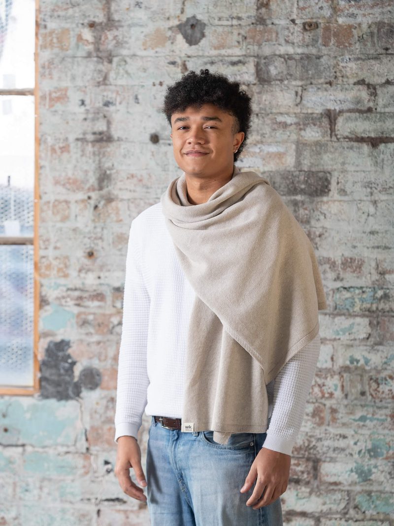 Man Wearing Oatmeal Beige Knitted Wide Merino Wool Scarf Woolkind