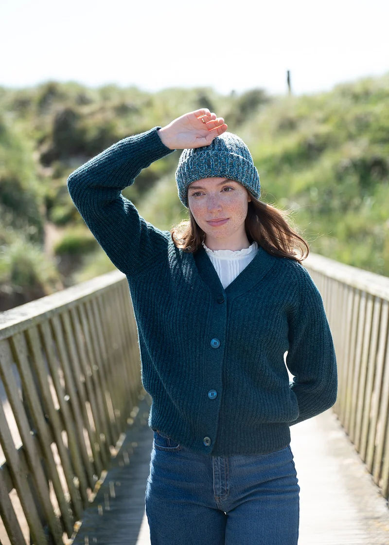 Womens Geelong Lambswool Ribbed V Neck Cardigan - Teal