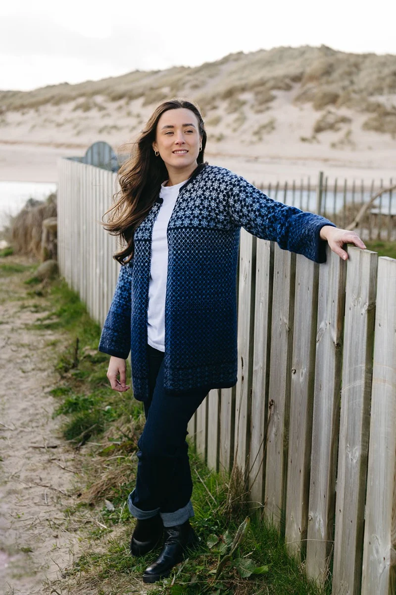 Womens Fair isle Long Kimono Cardigan / Coatigan - Blue White by The Croft House