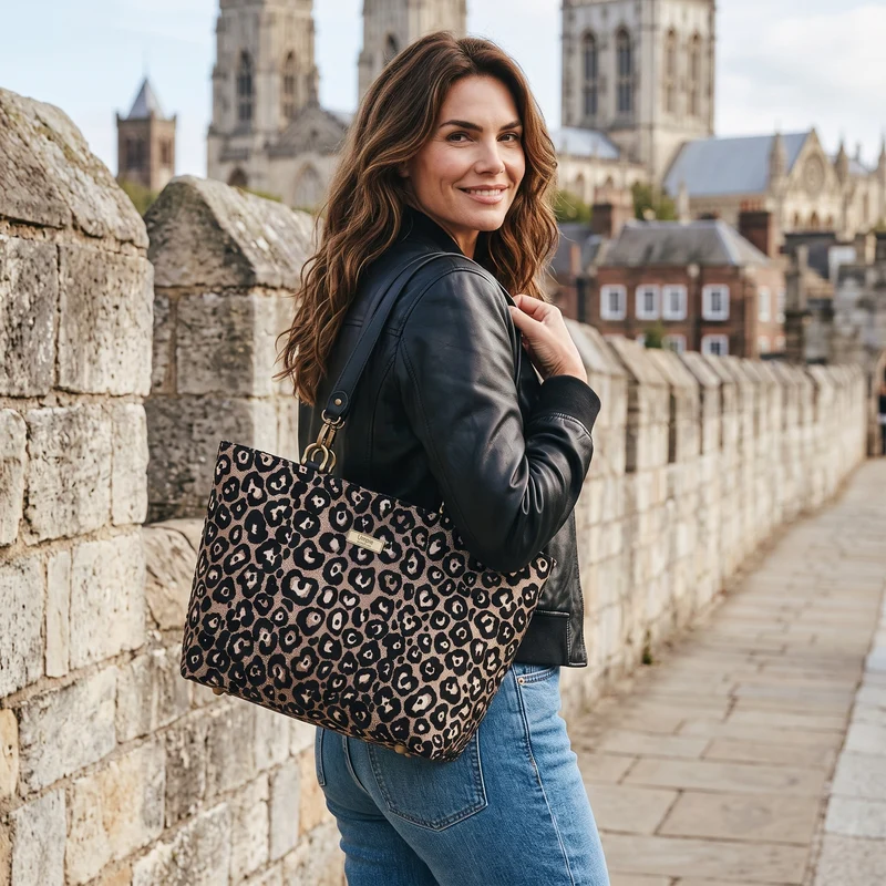 Metallic Leopard Print Shoulder Bag, Genuine Leather Straps by Umpie Handbags