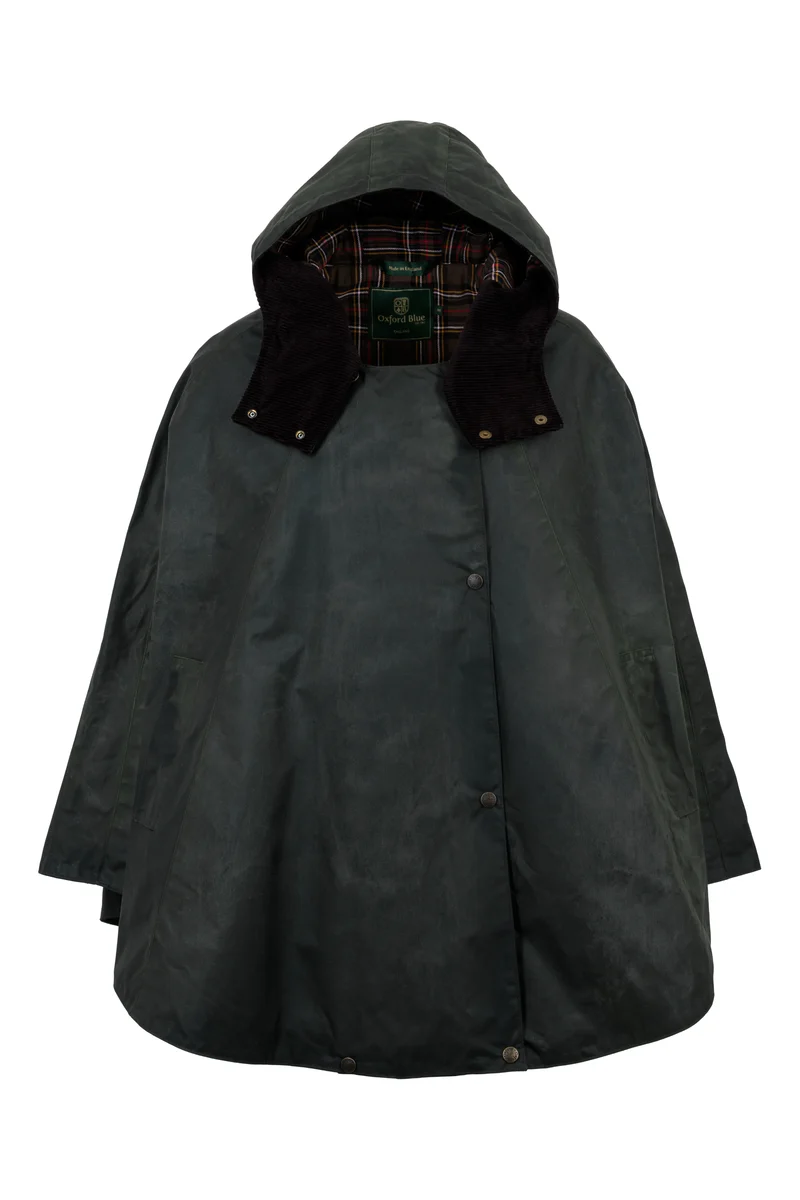 W16 - Ladies Dublin Waxed Hooded Cape - Green by Oxford Blue Ltd