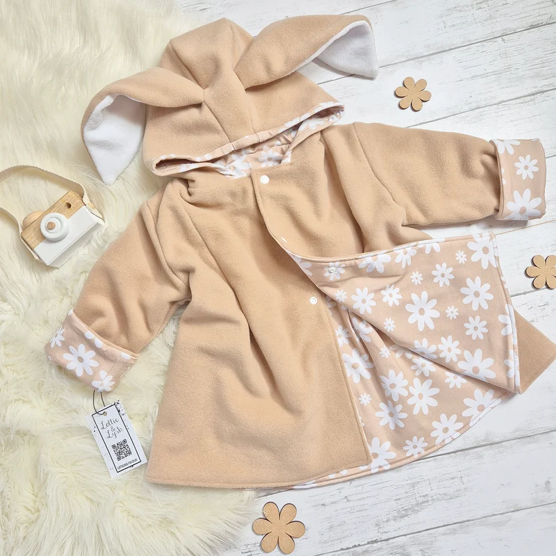 Girls Bunny Jacket | Beige Wool & Neutral Flowers