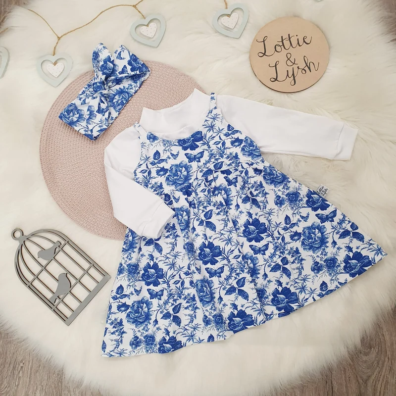 Slim Strap Gathered English Blue Dress