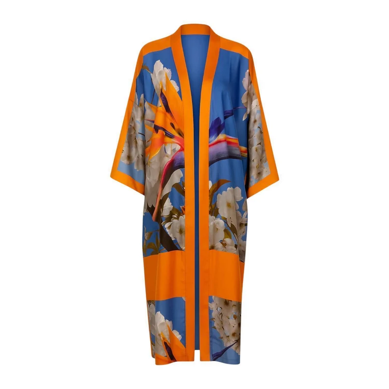 Unisex Bird of Paradise Printed Silk Kimono - White and Blue - Limited Edition of 10 by Sylvia Piechulla Ltd